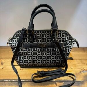 Tommy Hilfiger Monogram Satchel Crossbody Bag Black TH Logo Gold Hardware